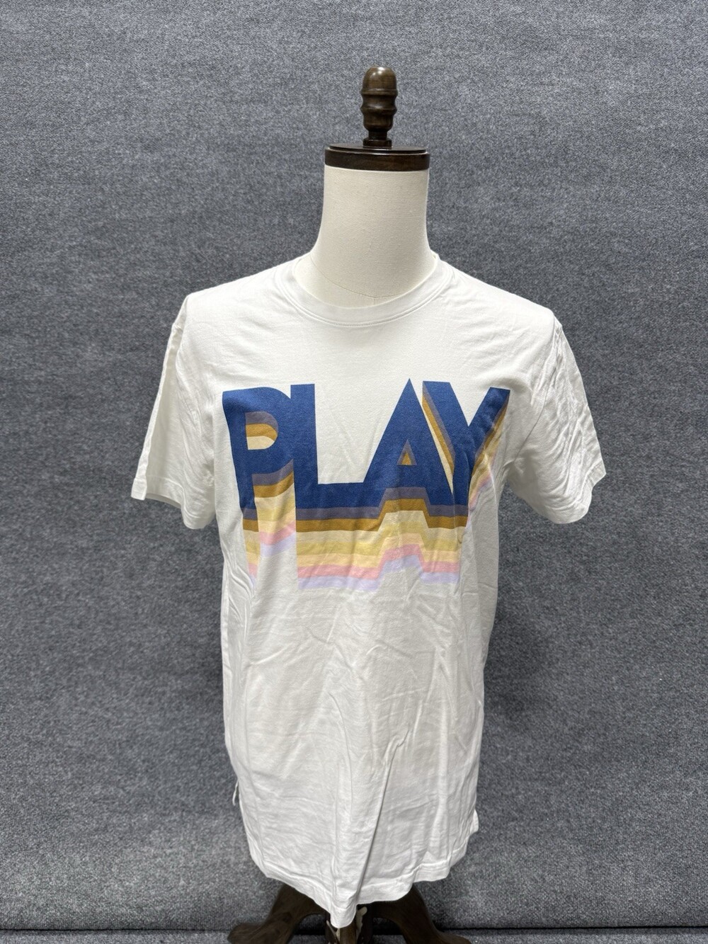 Andy Cinko Play Graphic T-Shirt White Large Retro Striped Logo Casual Tee